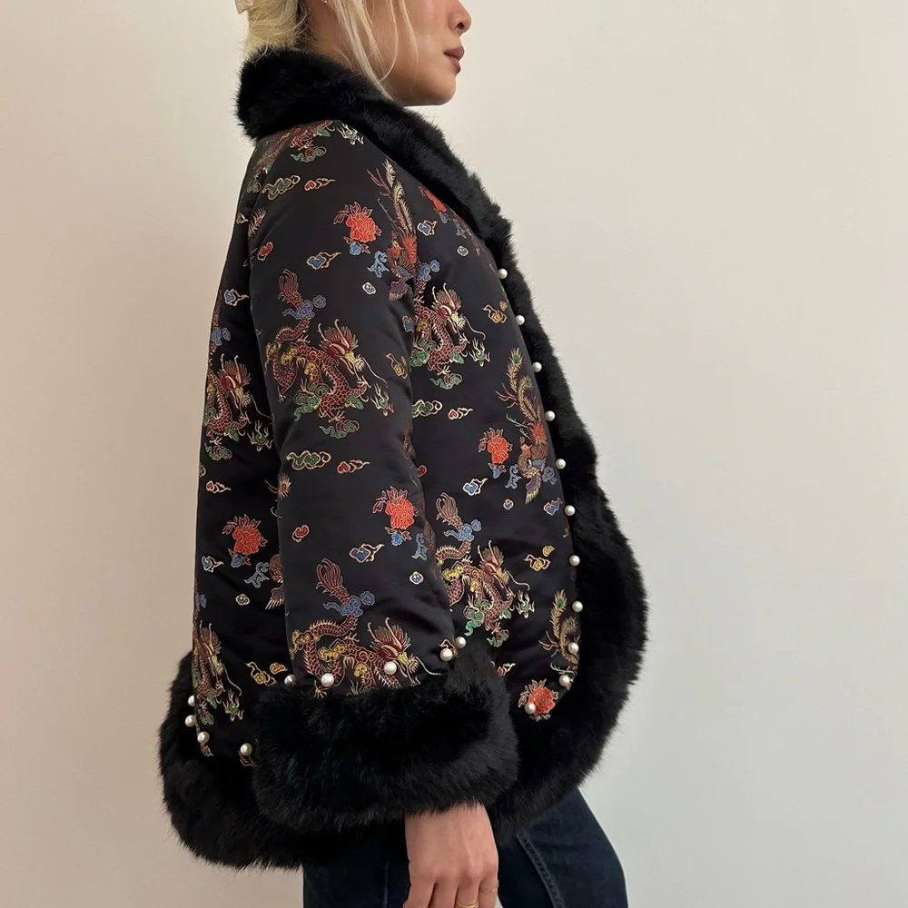 *SOLD* Vintage Oriental Satin Jacquard Cape Jacket w/ Pearl Beaded Faux Fur Trim - Picture 2 of 12